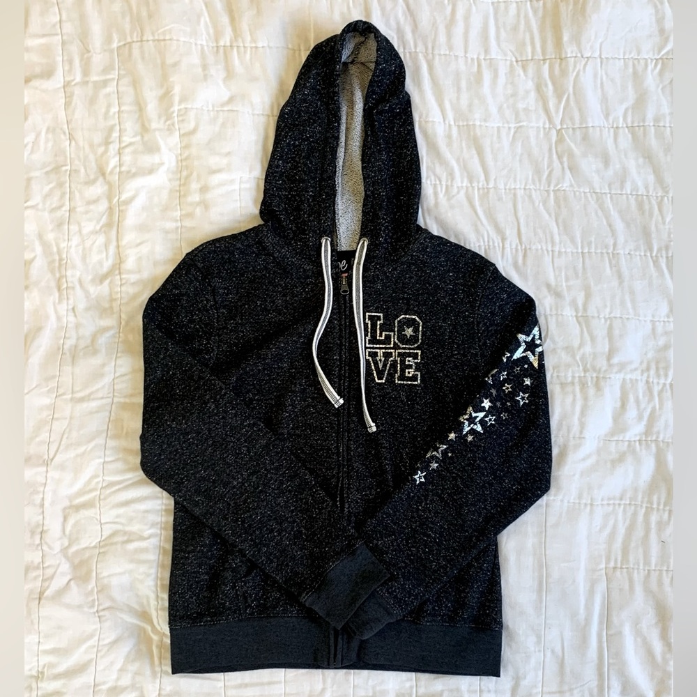 Junior zip up hoodie. Junior Size L. Heather Black.